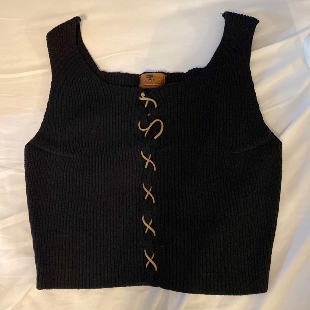 Ribbed black & brown tie crop // SZ S